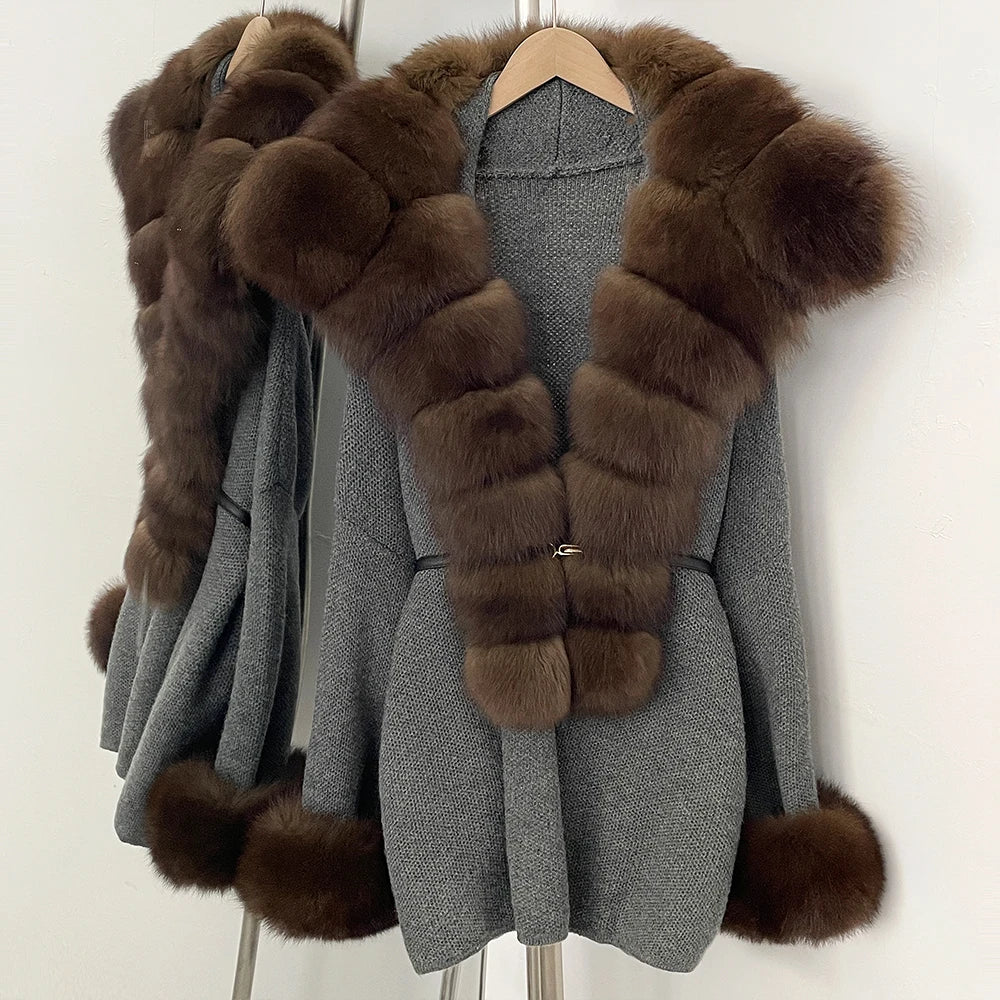 OFTBUY Belt Loose Fit Warm Winter Fashion Outerwear Natural Fur Sweater Female New Women's Knit Coat with Large Real Fox Fur