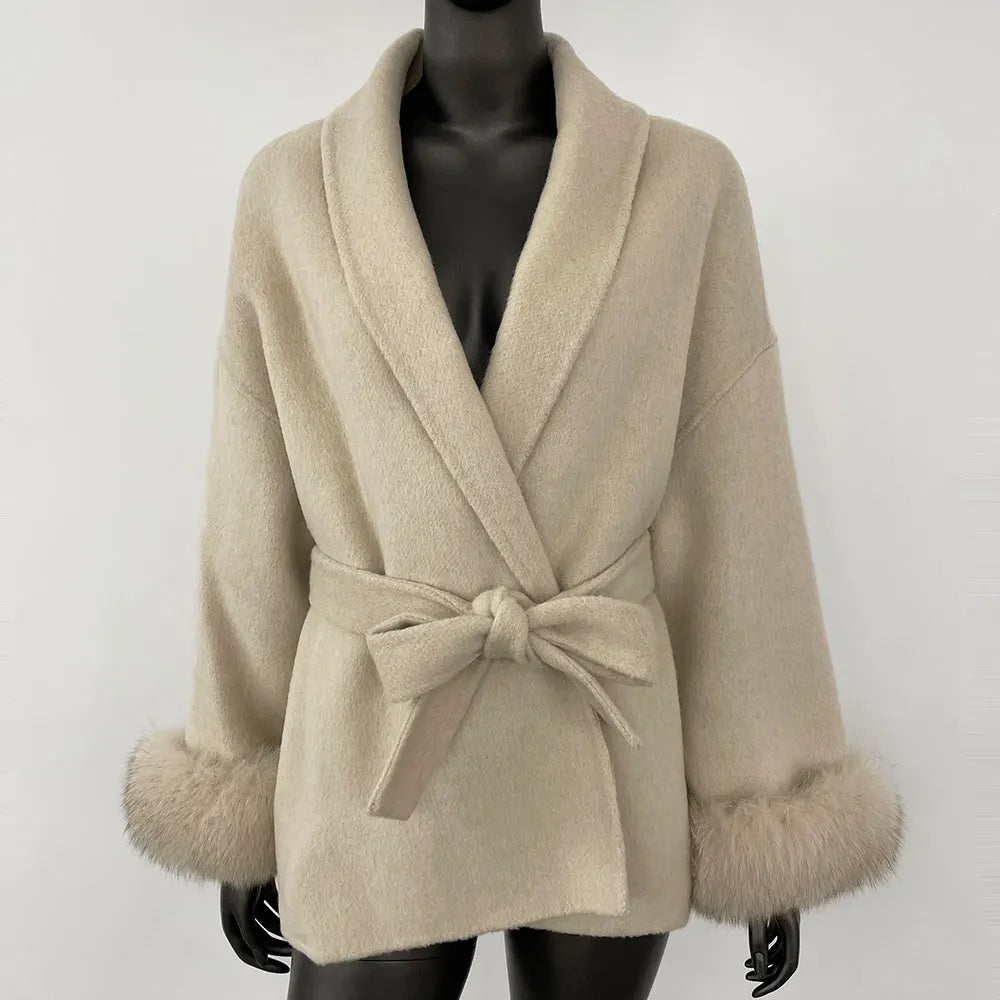 OFTBUY High End Double-sided Wool Strapping Real Wool Fur Coat Women's Removable Cuffs Fox Fur Temperament Cashmere Short Jacket