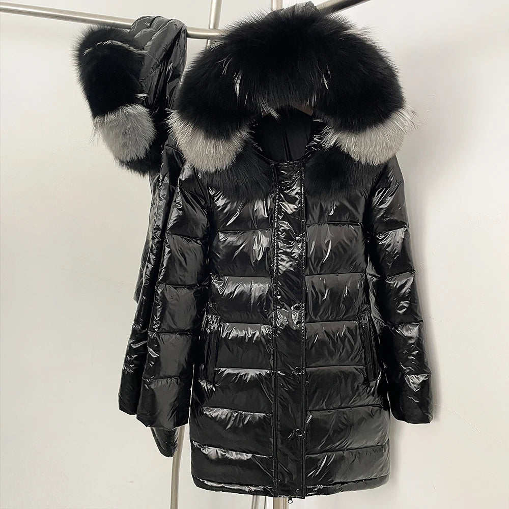 OFTBUY New Hood Collar Luxury Warm Winter Women's Shiny Puffer Jacket with Real Raccoon Fox Fur Outerwear Duck Down Coat Female