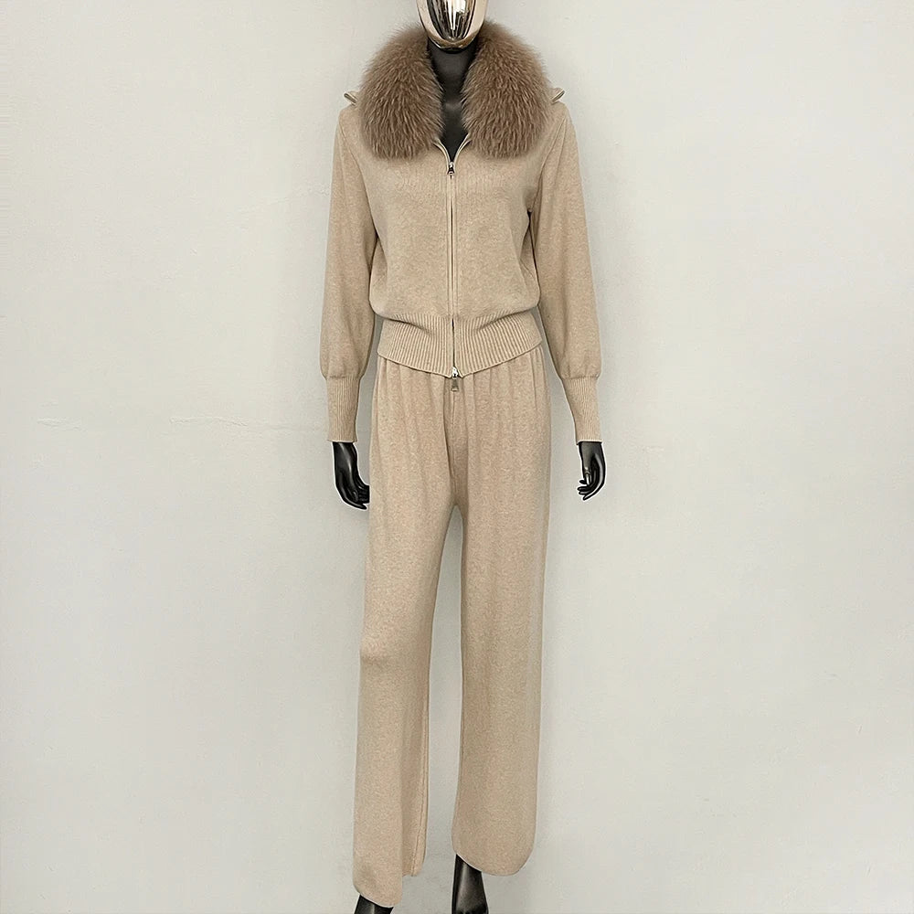OFTBUY Winter New Women's Knitted Tracksuit Set with Fox Fur Collar Zipper Jacket Wide Leg Pants Luxury Casual Two-Piece Outfit