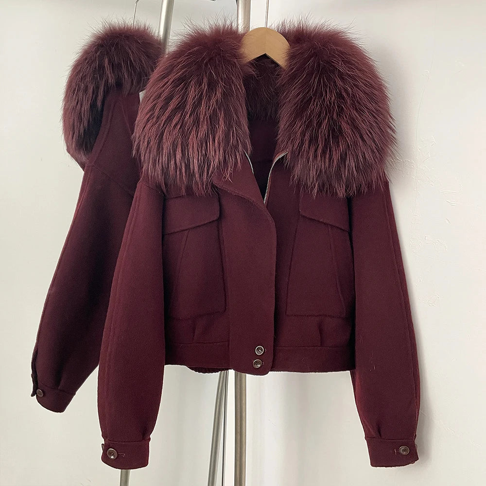OFTBUY Short 100% Wool Coat Fahsion New Autumn Winter Real Fox Fur Top Clothes Women Natural Fur Cashmere Woolen Jacket Female