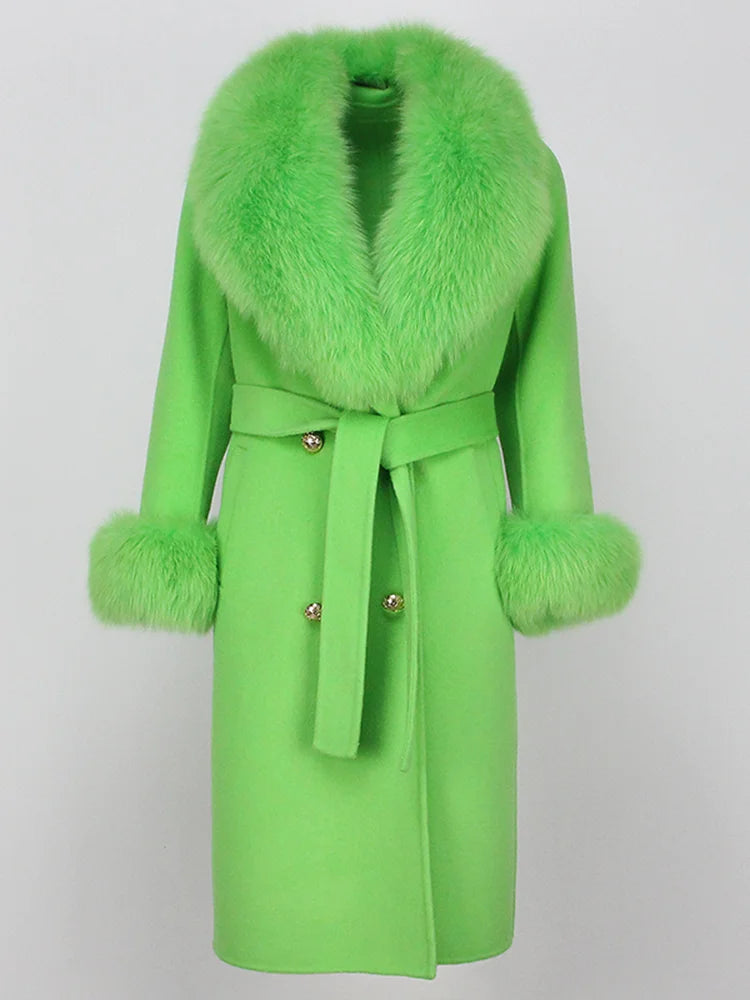 OFTBUY Winter Jacket Women Long Natural Wool Blends Cashmere Real Fur Coat Double Breasted Belt Warm Streetwear New Fashion