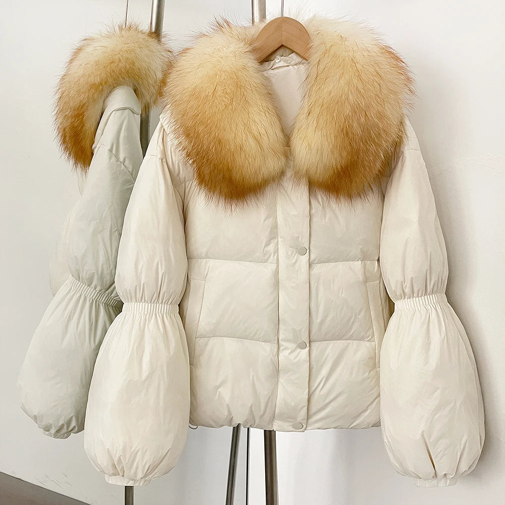 OFTBUY New Winter Loose Top Clothes Women Real Fox Fur Fluffy Puffer Jacket Female Lantern Sleeves Natural Fur Collar Down Coat