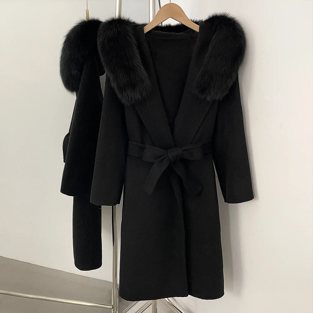 OFTBUY Long Hooded Real Fox Fur Wool Jacket Women New Autumn Winter Woolen Clothes Female Fashion Warm Natural Fur Woolen Coat