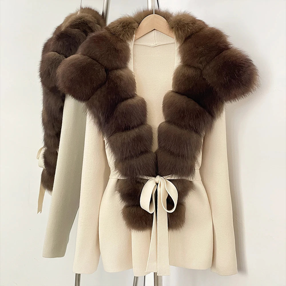 OFTBUY New Women's Knit Cardigan with Oversized Real Fox Fur Collar Belt Luxury Warm Winter Outerwear Sweater Jacket Female