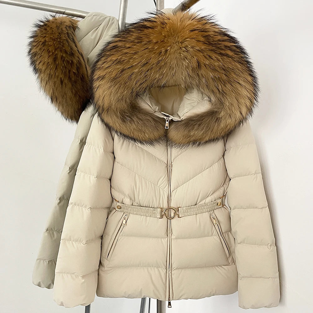 OFTBUY Belt Slim Hooded Real Fox Fur Collar Jacket Female New Winter Top Clothing Women Thickened Warm Raccoon Fur Fluffy Coat