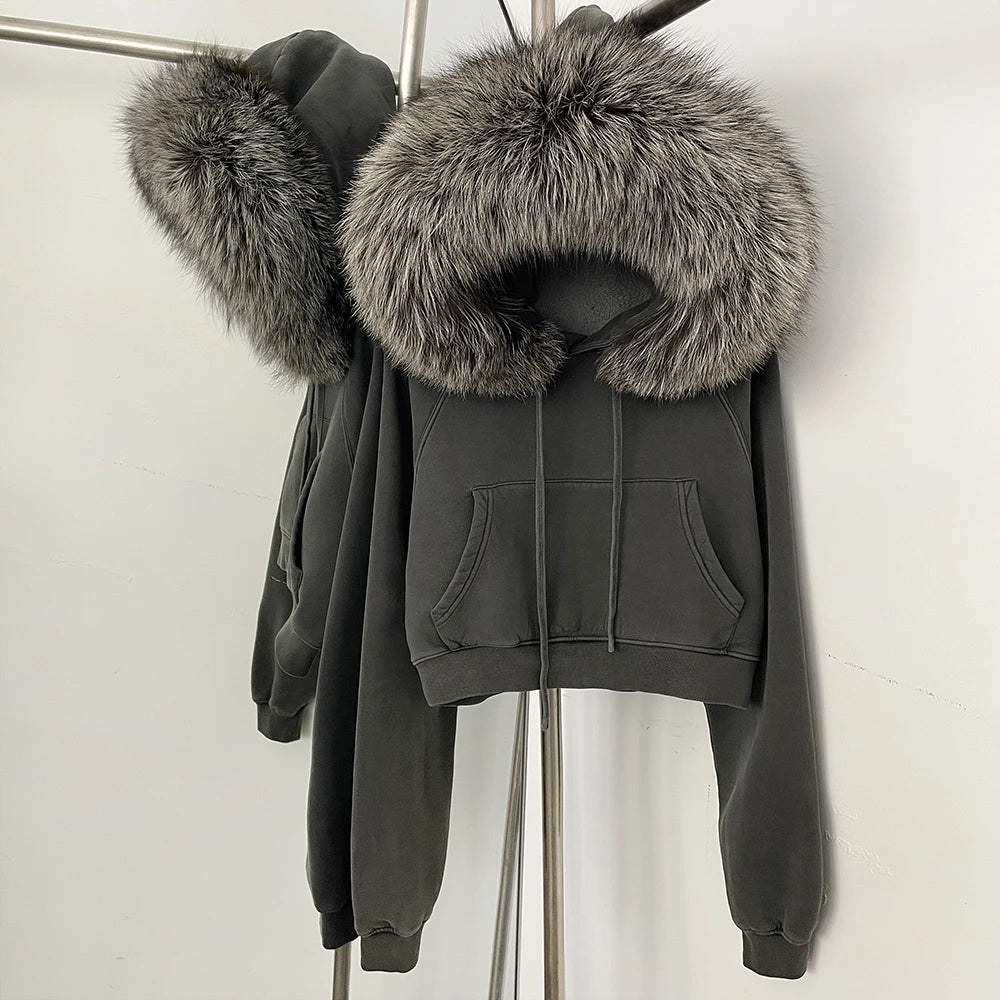 OFTBUY Casual Y2K Hoodie Real Fox Fur Collar Thickened Streetwear Hiphop Hoodie Sweatshirt Vintage Rock Goth Loose Punk Jacket
