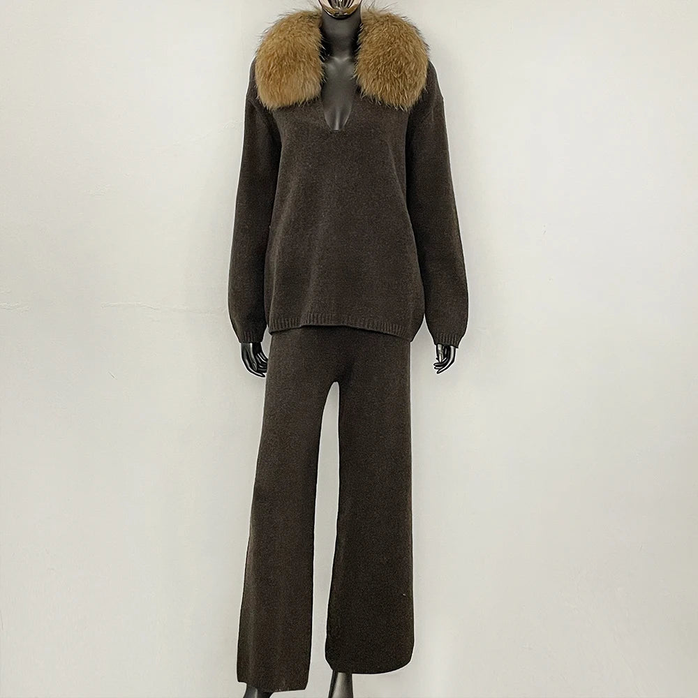 OFTBUY New Women's Knit Two Piece Set with Real Fox Fur Collar Loose Pants Warm Winter Elegant Casual Outfit Sweater Female