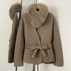 OFTBUY New Winter Woolen Clothes Women Short Belt Real Fox Fur Collar 100% Wool Jacket Feamle V-neck Loose Warm Natural Fur Coat
