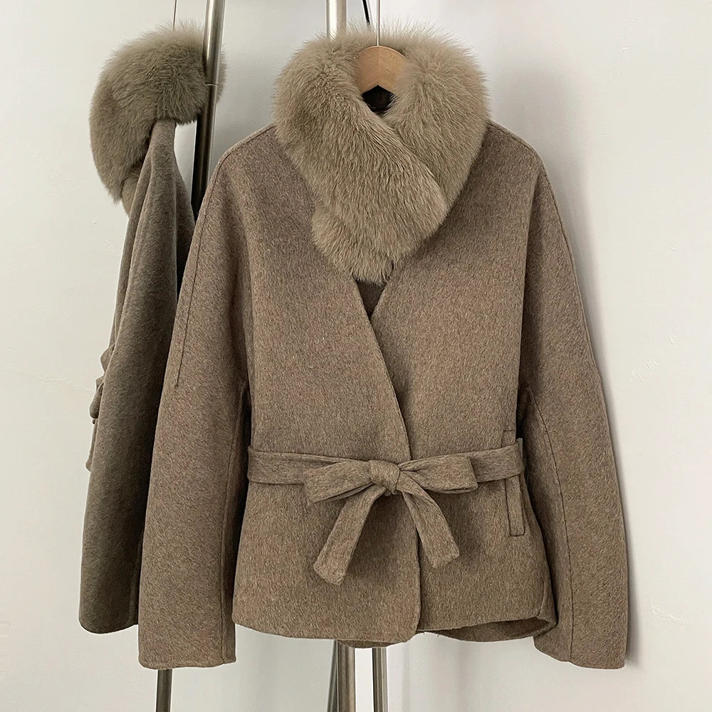 OFTBUY New Winter Woolen Clothes Women Short Belt Real Fox Fur Collar 100% Wool Jacket Feamle V-neck Loose Warm Natural Fur Coat