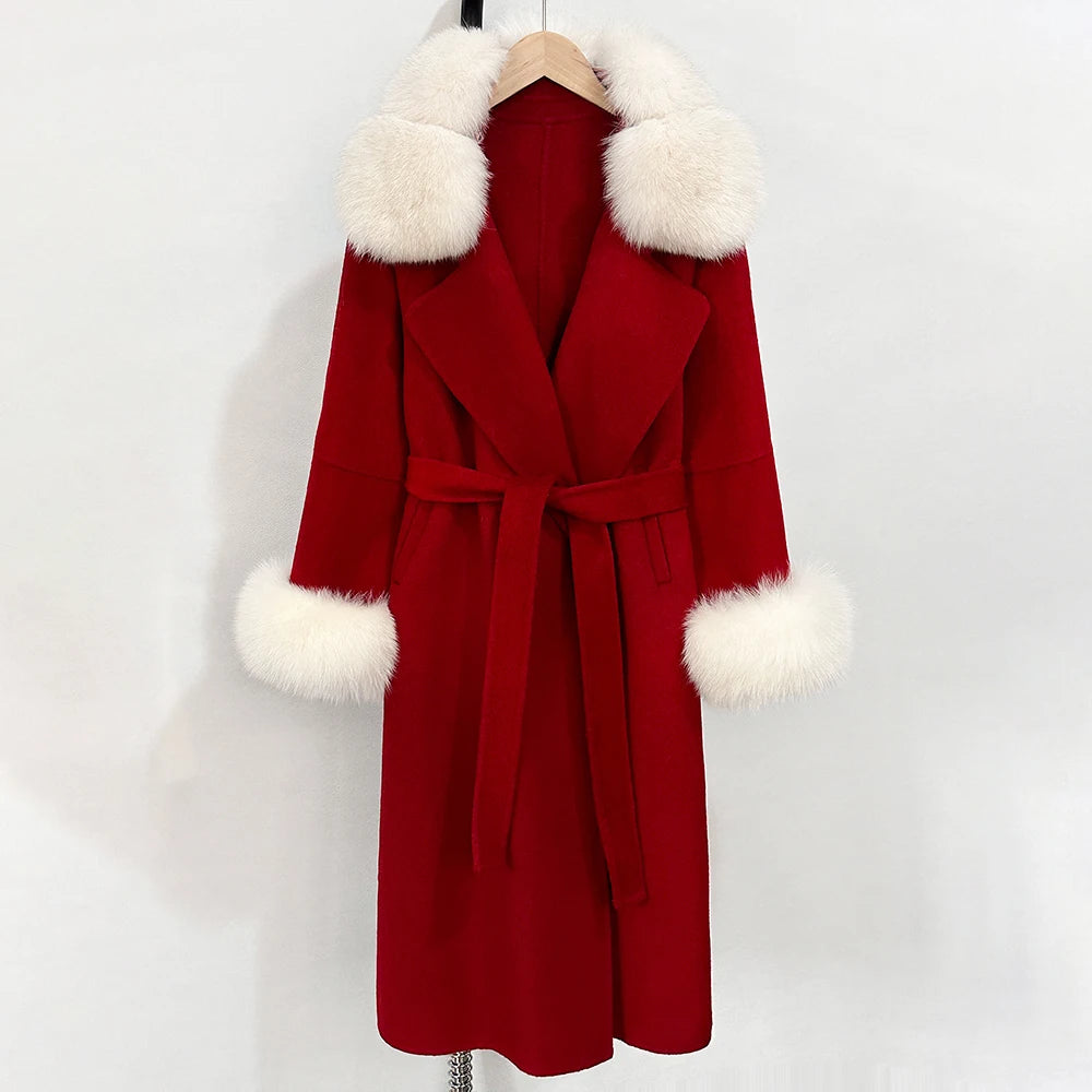 OFTBUY Belted Long Warm Winter Elegant Fashion Outerwear New Women's Double-Faced Wool Coat with Real Fox Fur Collar and Cuffs