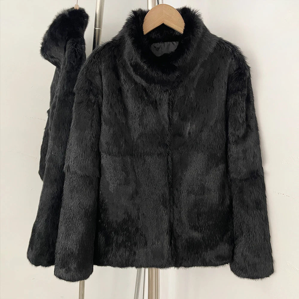 OFTBUY Women's Real Rabbit Fur Coat Luxury Camel Fur Jacket with Stand Collar New Warm Autumn Winter Clothes Female Outerwear