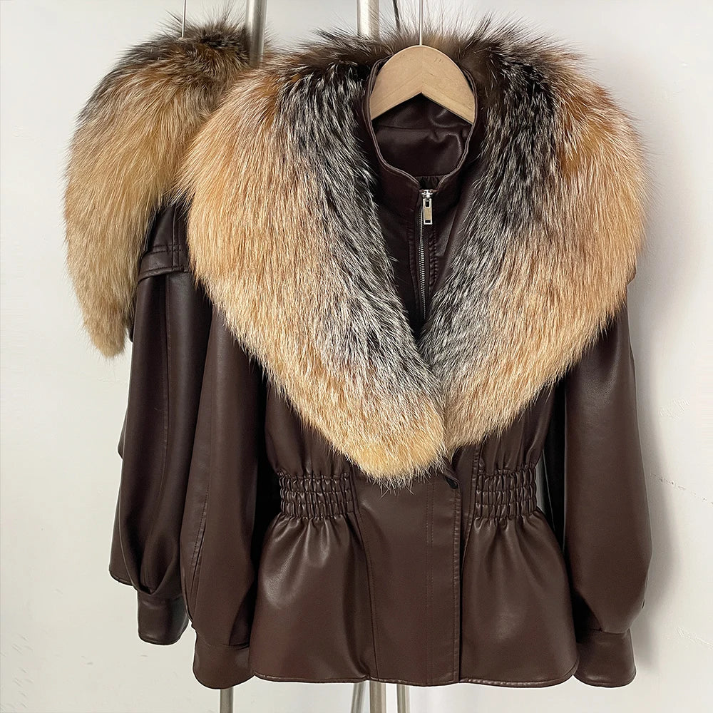 OFTBUY Women's Luxury Real Fox/Raccoon Fur Faux Leather Jacket Elastic Waist New Winter Coat Elegant PU Leather Outerwear Female