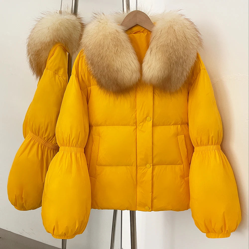 OFTBUY New Winter Loose Top Clothes Women Real Fox Fur Fluffy Puffer Jacket Female Lantern Sleeves Natural Fur Collar Down Coat