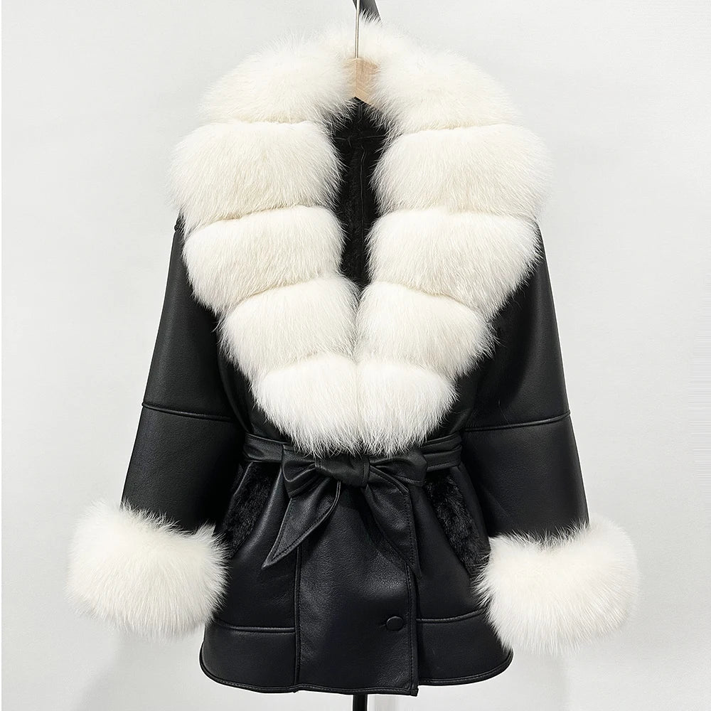 OFTBUY Large Natural Fox Fur Women Faux Leather Jacket Autumn Winter Fashion Ladies Warm Retor Faux Lamb Fur Coat Outwear