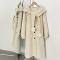 OFTBUY New Women's Hooded Wool Coat with Fur Pom Details Long Single Breasted Winter Warm Elegant Woolen Outerwear Female