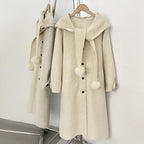OFTBUY New Women's Hooded Wool Coat with Fur Pom Details Long Single Breasted Winter Warm Elegant Woolen Outerwear Female