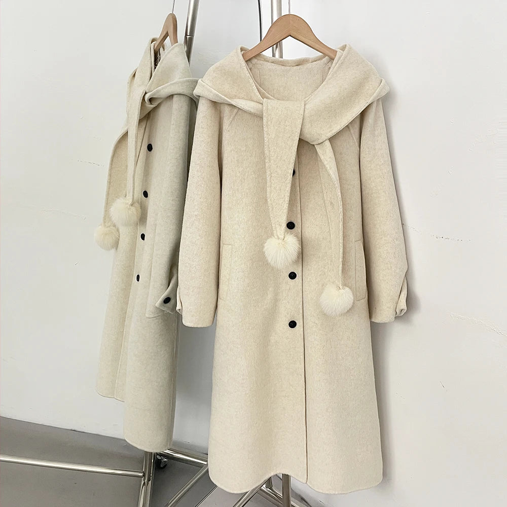 OFTBUY New Women's Hooded Wool Coat with Fur Pom Details Long Single Breasted Winter Warm Elegant Woolen Outerwear Female