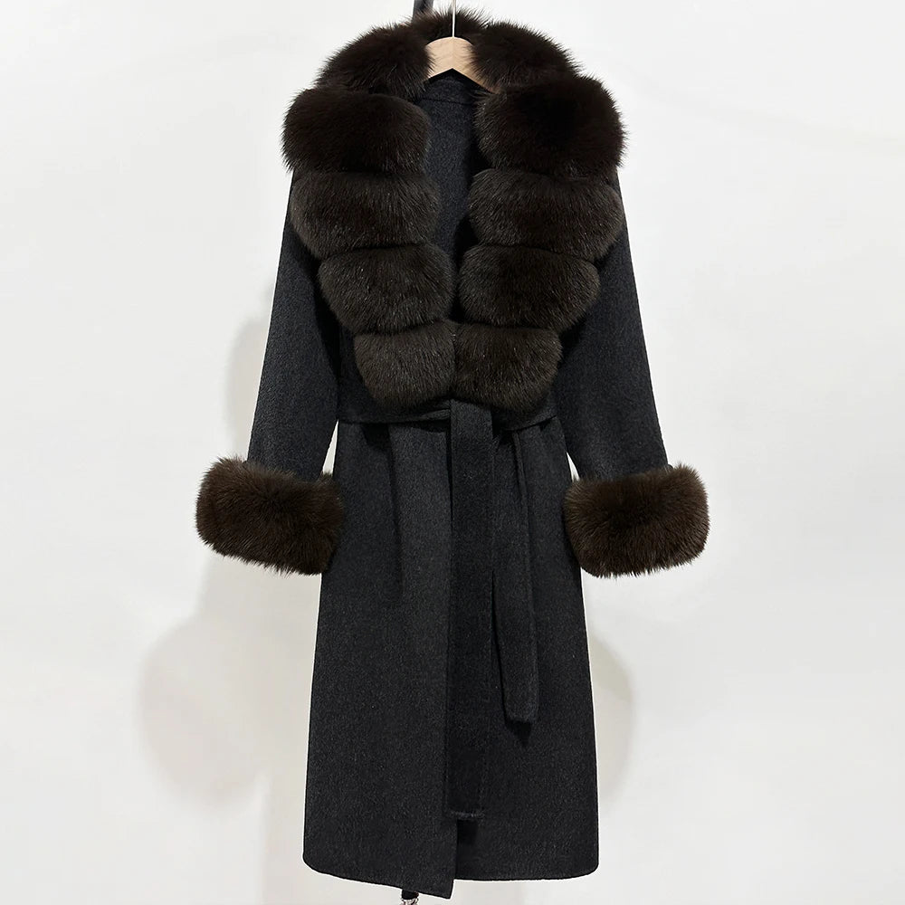 OFTBUY Fashion Warm Woolen Jacket with Real Fox Fur Collar and Cuffs New Autumn Winter Wool Clothing Women Long Belt Outerwear