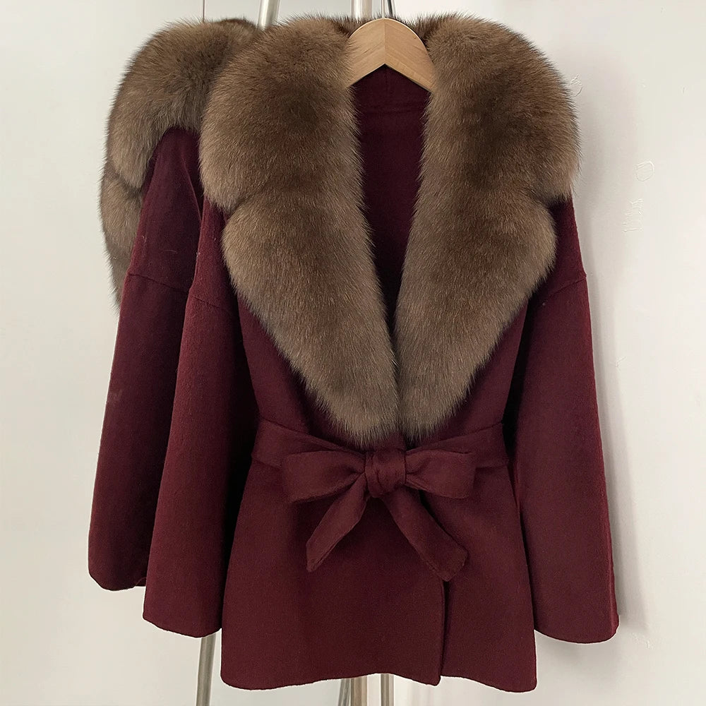 OFTBUY Belted Warm Winter Elegant Fashion Outerwear Lady New Women's Double-Faced Wool Coat with Large Real Fox Fur Collar Cuffs