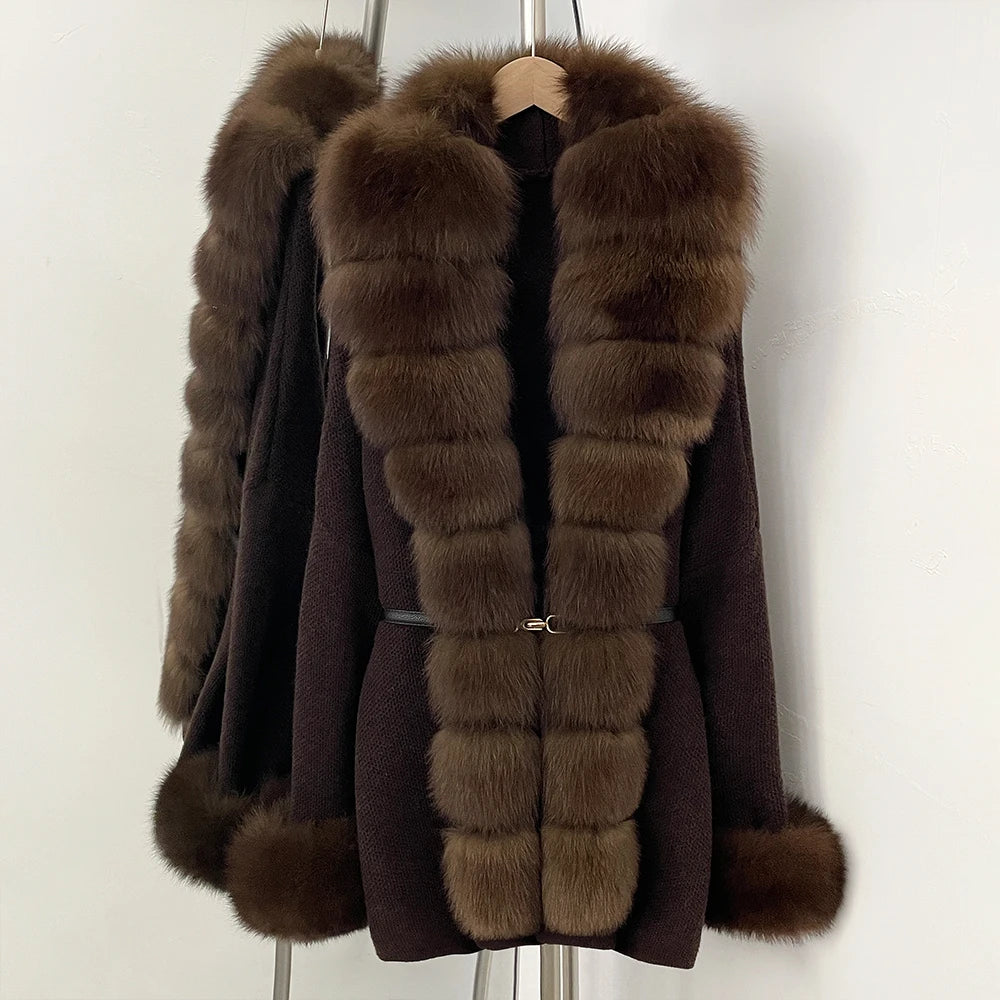 OFTBUY Belt Textured Knit Warm Winter Luxury Outerwear Female Sweater Cardigan New Women's Knit Coat with Large Real Fox Fur