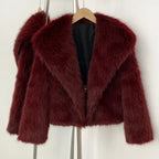 OFTBUY Luxury Oversized Lapel Faux Fur Jacket - Chic Short Vegan Fur Coat for Winter Glamour