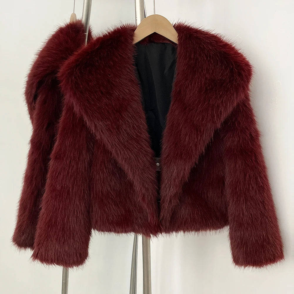 OFTBUY Luxury Oversized Lapel Faux Fur Jacket - Chic Short Vegan Fur Coat for Winter Glamour
