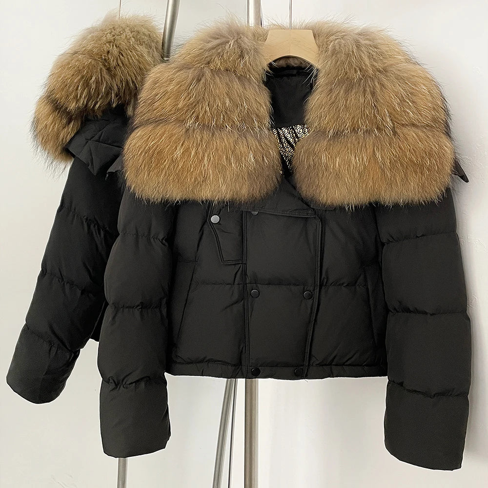 OFTBUY New Short Winter Clothing Women Thickened Warm Fluffy Raccoon Fur Puffer Jacket Female Real Fox Fur Collar Down Coat