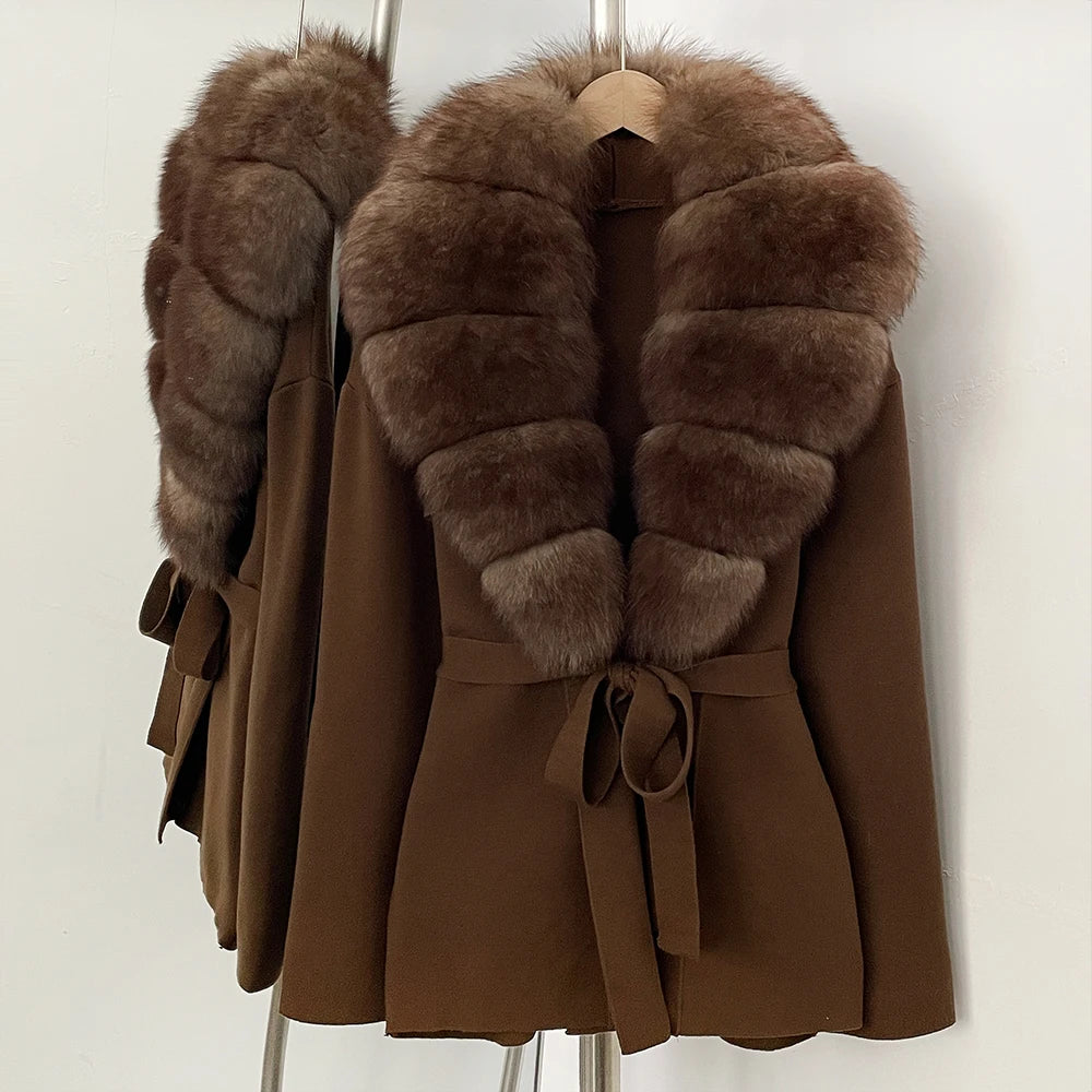 OFTBUY Fashion Real Fox Fur Collar Sweater Lady Loose Luxury Jacket Women's Clothes New Spring Autumn Belt Knit Cardigan Female