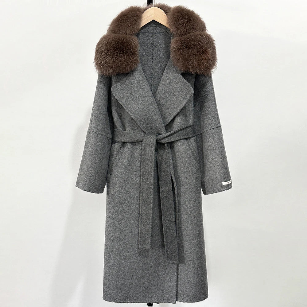 OFTBUY Belted Long Warm Winter Elegant Fashion Outerwear New Women's Double-Faced Wool Coat with Real Fox Fur Collar