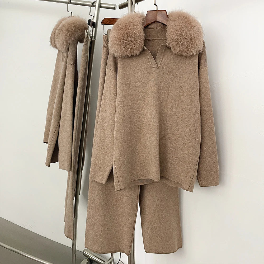 OFTBUY Knitted Pant Set Female Fashion Warm Real Fox Fur Sweater Lady New Autumn Winter Plus Size Woman Clothes Outfits Knitwear