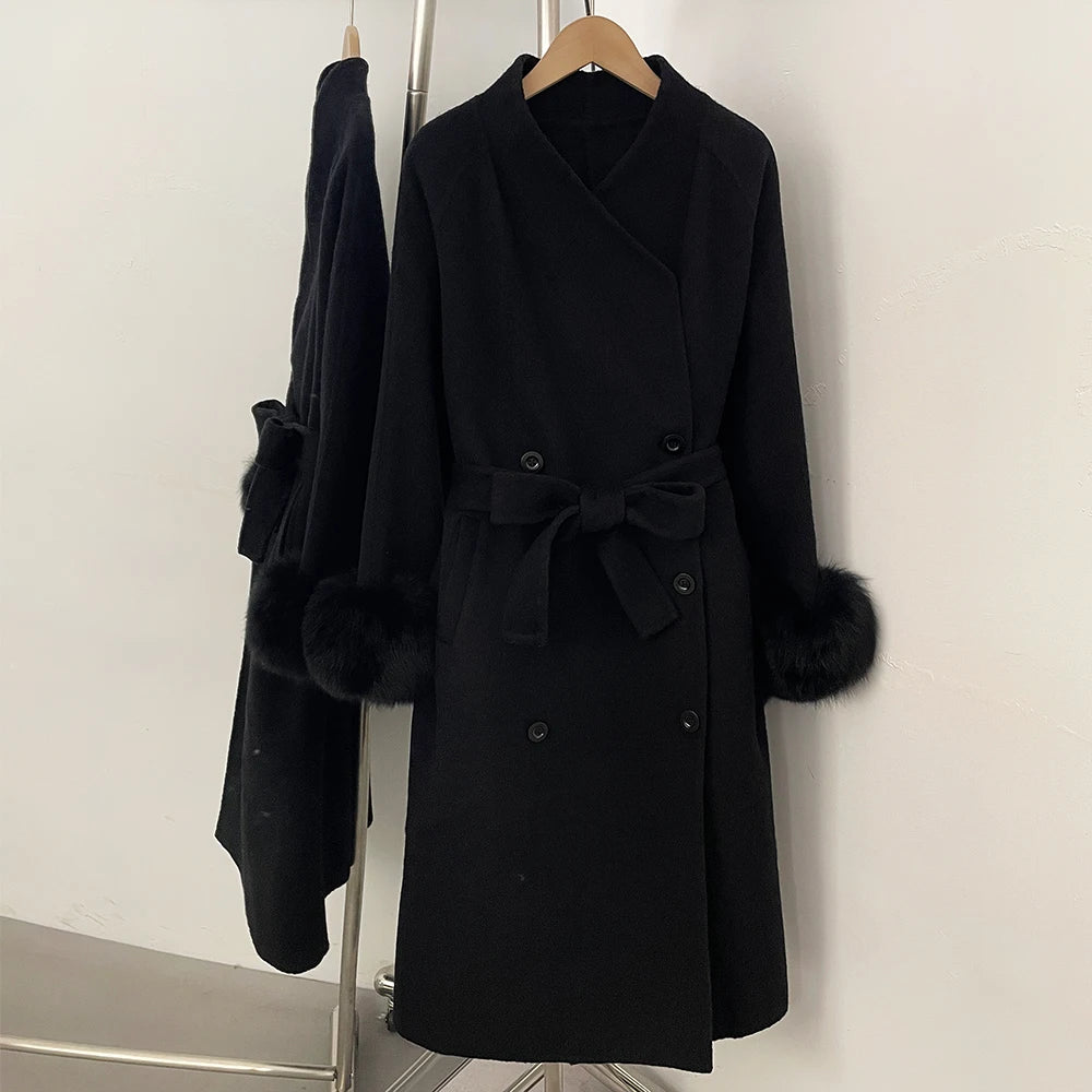 OFTBUY New Women's Wool Coat with Real Fox Fur Cuffs Double Breasted Belted Bow Pockets Warm Winter Elegant Fashion Outerwear