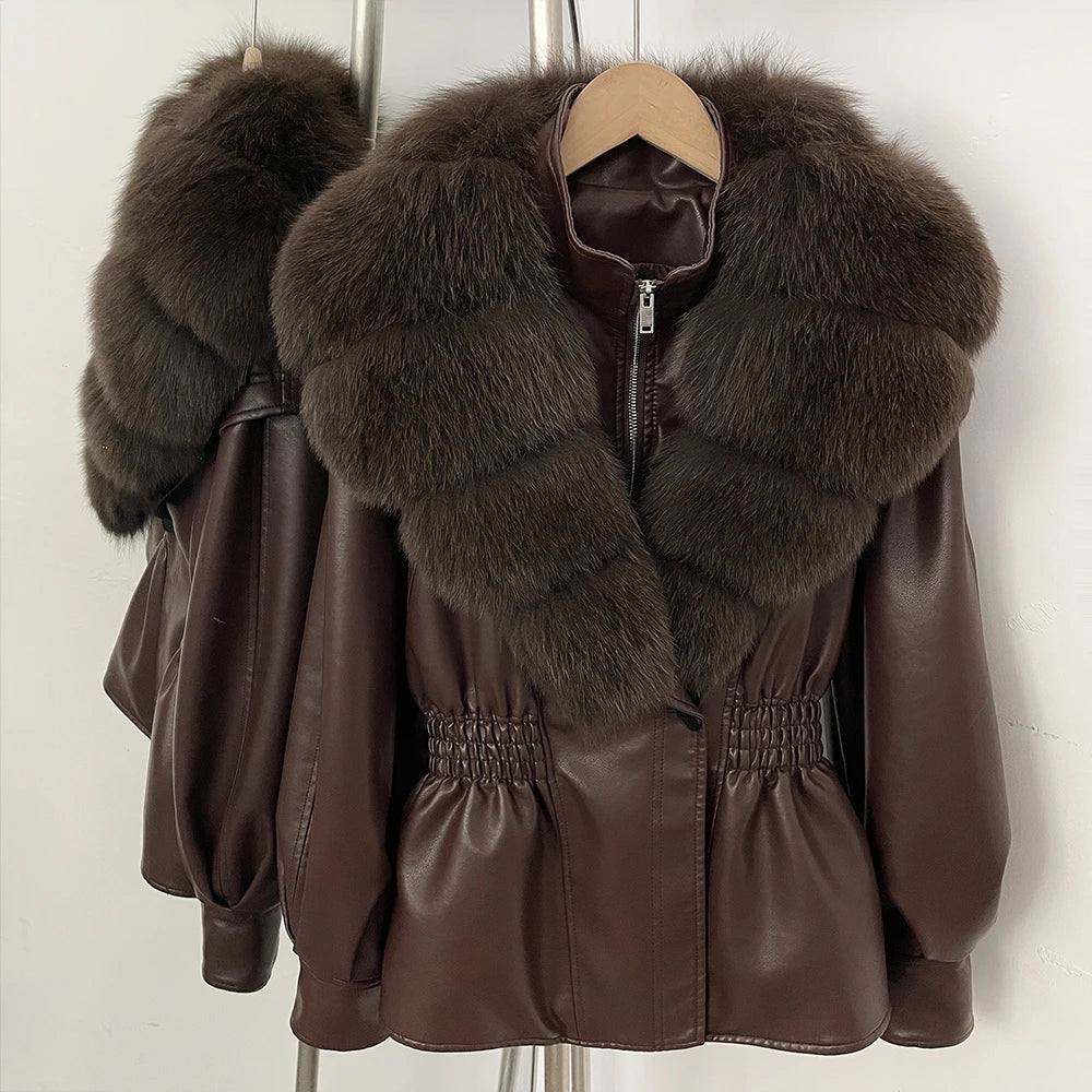 OFTBUY Women's Luxury Real Fox/Raccoon Fur Faux Leather Jacket Elastic Waist New Winter Coat Elegant PU Leather Outerwear Female