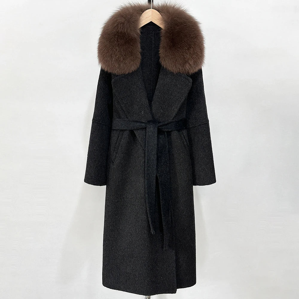 OFTBUY New Autumn Winter Long Clothing Women Fashion Warm Wool Coat with Real Fox Fur Collar Belt Elegant Woolen Jcacket Female