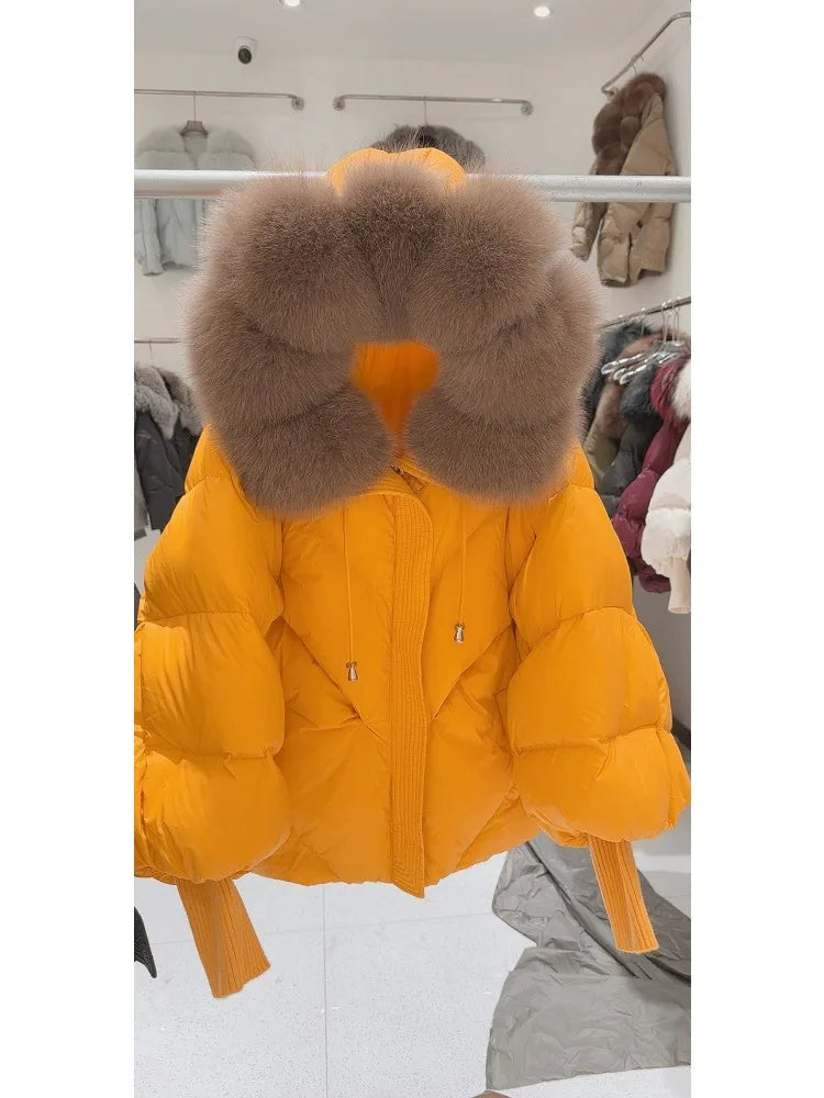OFTBUY New Winter Large Real Fur Hooded Puffer Jacket Women Thicken Warm Knitted Sleeve Coat Lady White Duck Down Mid Long Parka