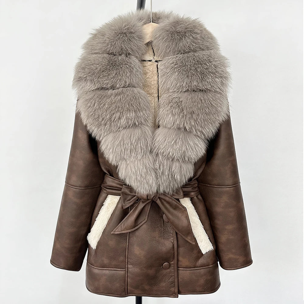 OFTBUY Large Natural Fox Fur Coat New Women Thick Warm Retro Faux Lamb Fur Jacket Belt Winter Female Parkas Outwear