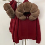 OFTBUY Luxury Knitted Zip-Up Hoodie with Oversized Real Fox Fur Hood - Premium Apres-Ski Luxe Loungewear