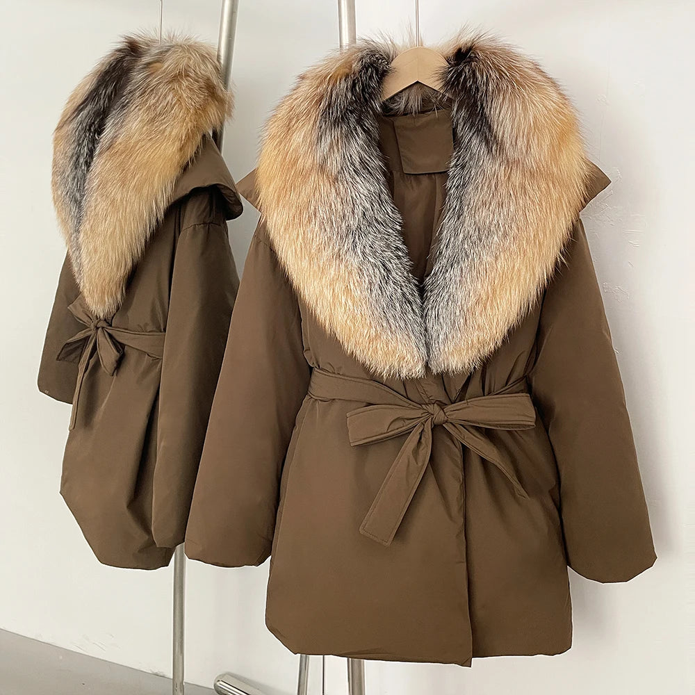 OFTBUY Natural Fox Fur Collar Fluffy Puffer Jacket Women Thickened Warm Real Fur White Duck Down Coat New Winter Parke Outerwear