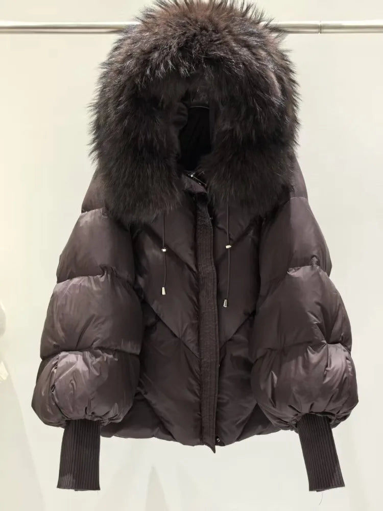 OFTBUY New Winter Large Real Fur Hooded Puffer Jacket Women Thicken Warm Knitted Sleeve Coat Lady White Duck Down Mid Long Parka