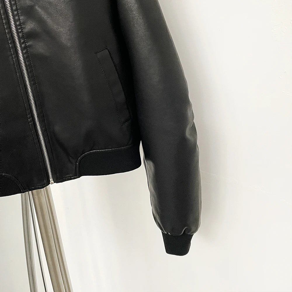 OFTBUY New Spring Autumn Faux Leather Jacket Female Fashion Knitted Collar Fake Leather Coat Women High Quality Black Clothes