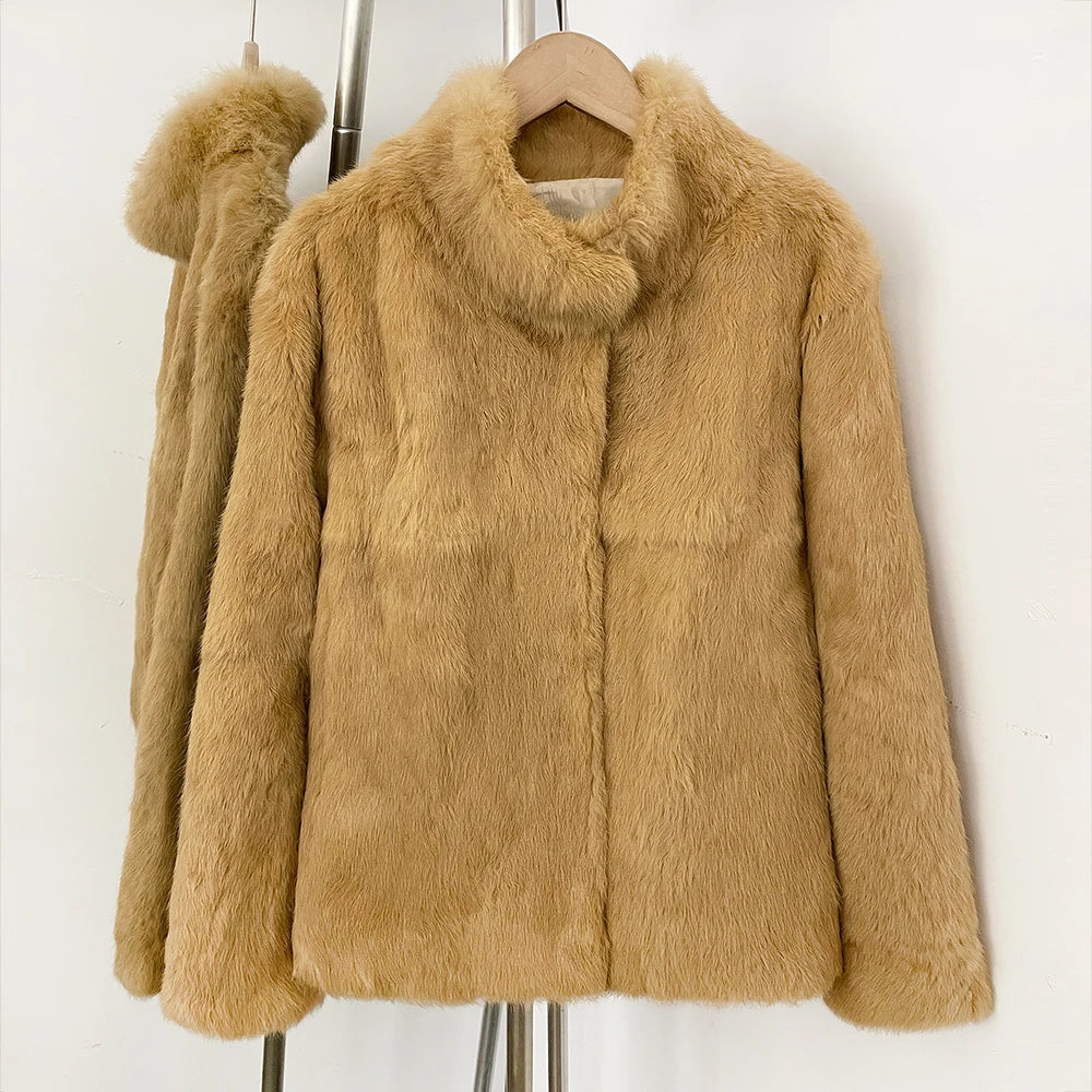 OFTBUY Women's Real Rabbit Fur Coat Luxury Camel Fur Jacket with Stand Collar New Warm Autumn Winter Clothes Female Outerwear