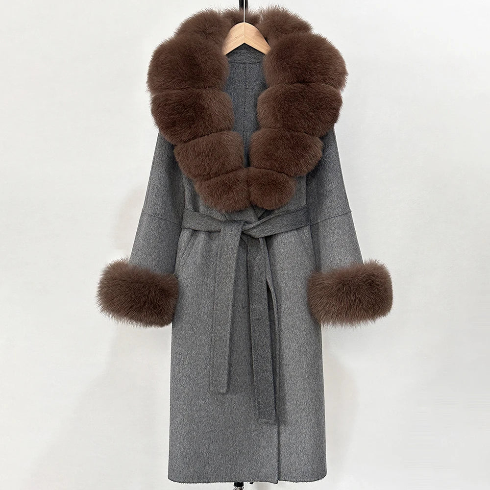 OFTBUY New Women's Double-Faced Wool Coat with Large Real Fox Fur Belted Warm Winter Luxury Fashion Outerwear Woolen Jacket Lady