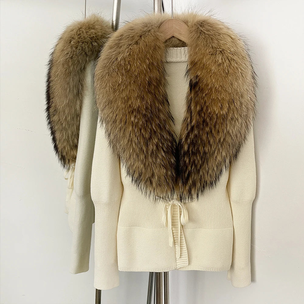 OFTBUY Luxury 100% Cotton Jacket with Real Fox Fur Collar New Autumn Winter Knit Cardigan Women Slim Warm Sweater Outerwear Lady
