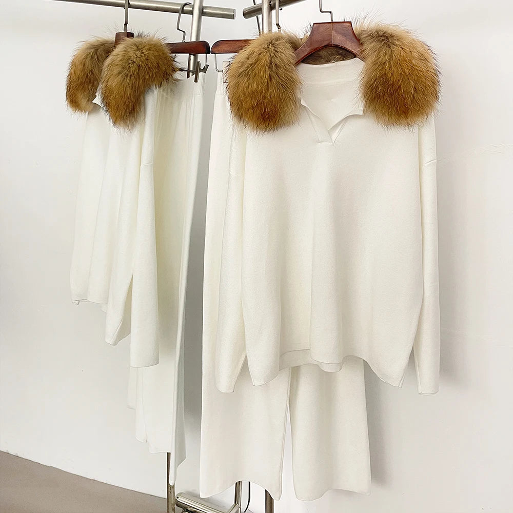 OFTBUY Knitted Pant Set Female Fashion Warm Real Fox Fur Sweater Lady New Autumn Winter Plus Size Woman Clothes Outfits Knitwear