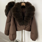 OFTBUY New Winter Real Fox Fur Short Puffer Jackets Women Natural Thick Warm 90% White Duck Down Cropped Loose Waterproof Coat