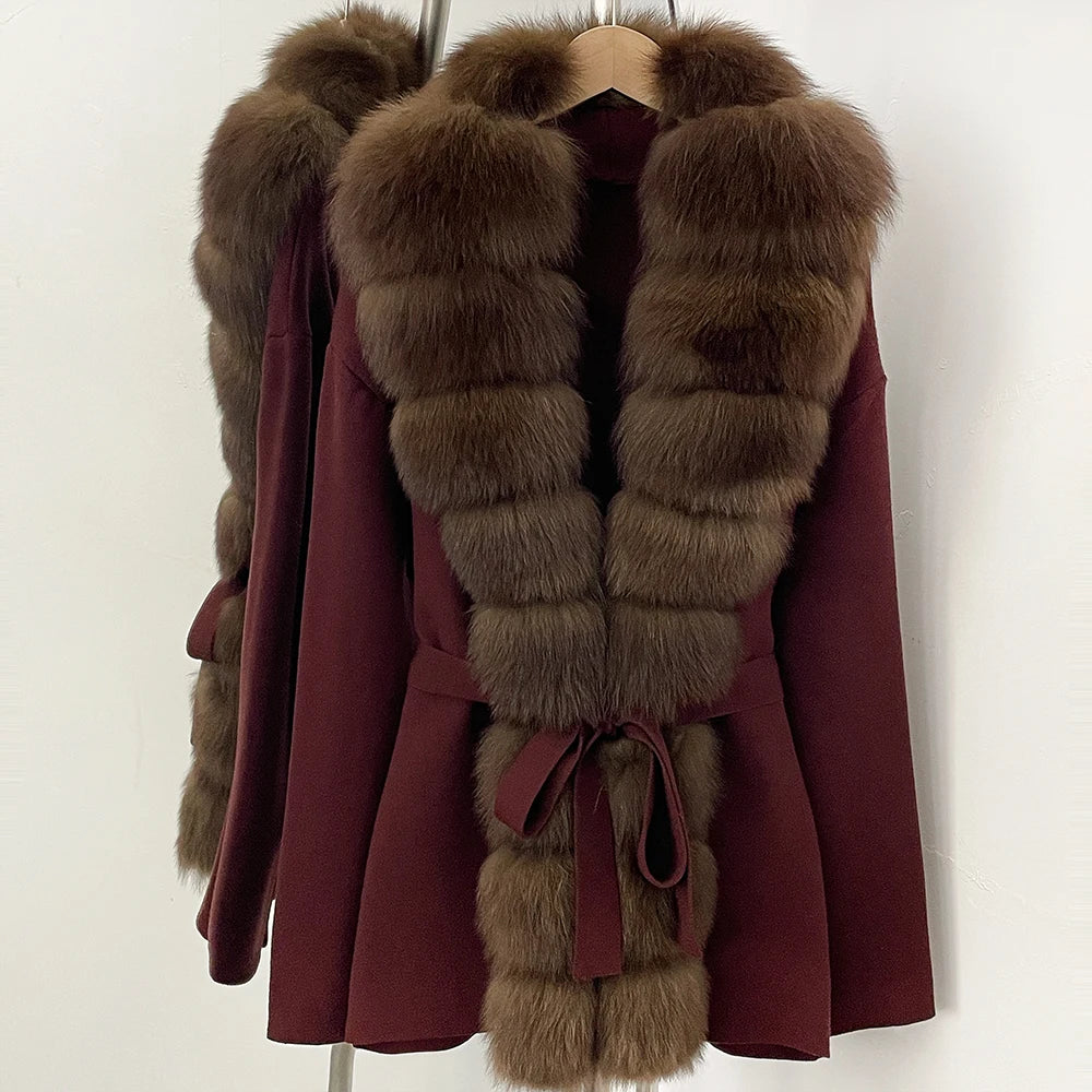 OFTBUY Luxury Warm Winter Fashion Outerwear New Women's Knit Cardigan with Oversized Real Fox Fur Trim Self-Tie Belt Sweater