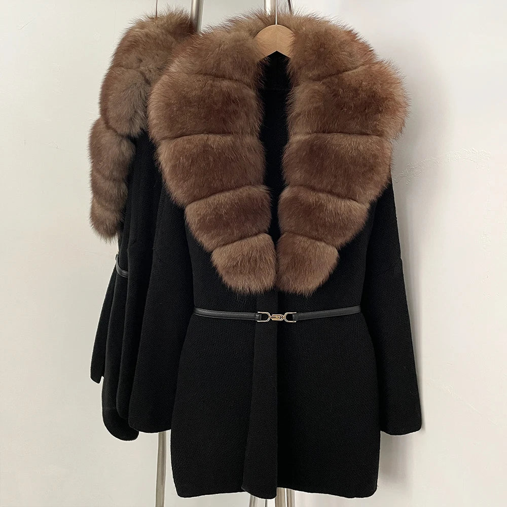 OFTBUY New Autumn Winter Luxury Fashion Outerwear Lady Women's Knit Coat with Large Real Fox Fur Collar Belt Textured Knit Warm