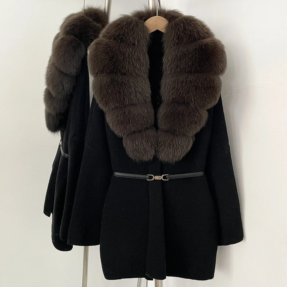 OFTBUY New Autumn Winter Luxury Fashion Outerwear Lady Women's Knit Coat with Large Real Fox Fur Collar Belt Textured Knit Warm