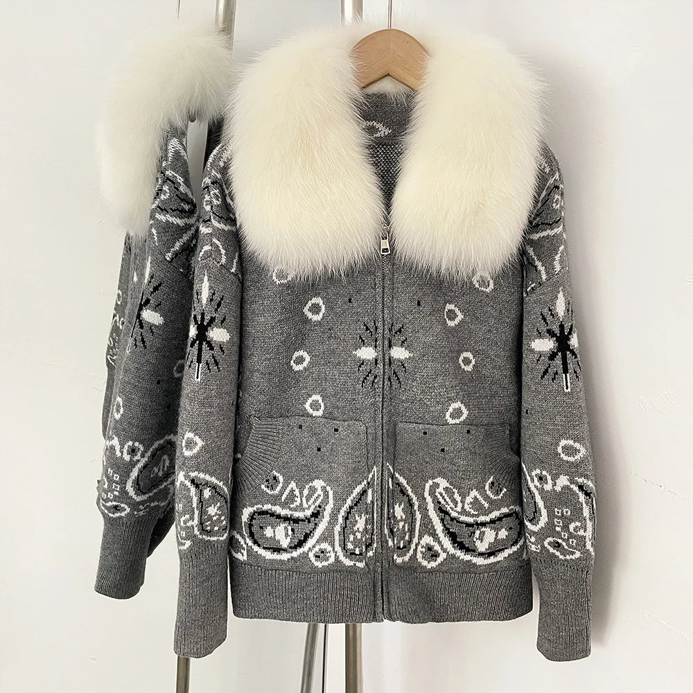 OFTBUY Women's Vintage Real Fox Fur Collar Knit Cardigan Paisley Print Zip Up Sweater Jacket Female Warm Winter Luxury Outerwear