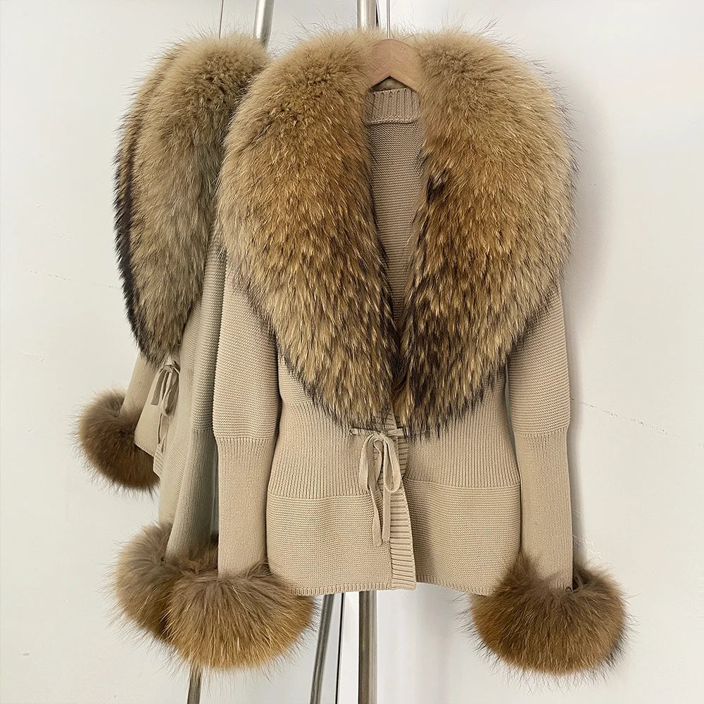 OFTBUY New Autumn Winter Knit Cardigan Women Fashion Warm Clothes with Real Fox Fur Luxury Natural Fur Sweater Jacket Female
